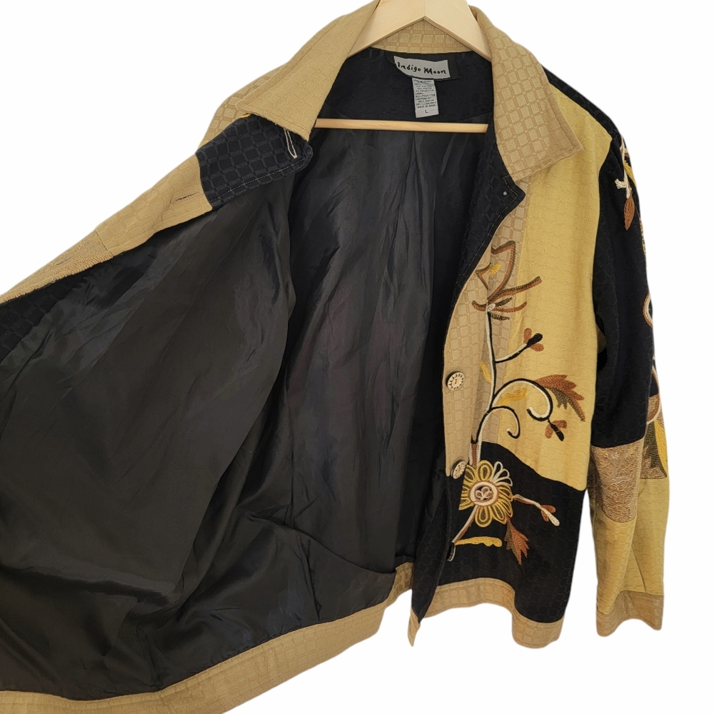 Vintage 90’s Jacket Lagenlook Black Tan Color Block Embroidered Patchwor… - Picture 6 of 16